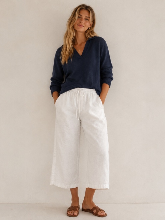 J. Crew Pants - J.Crew White 100% Linen Wide Leg Elastic Waist Cropped Pants Sz S Coastal Preppy